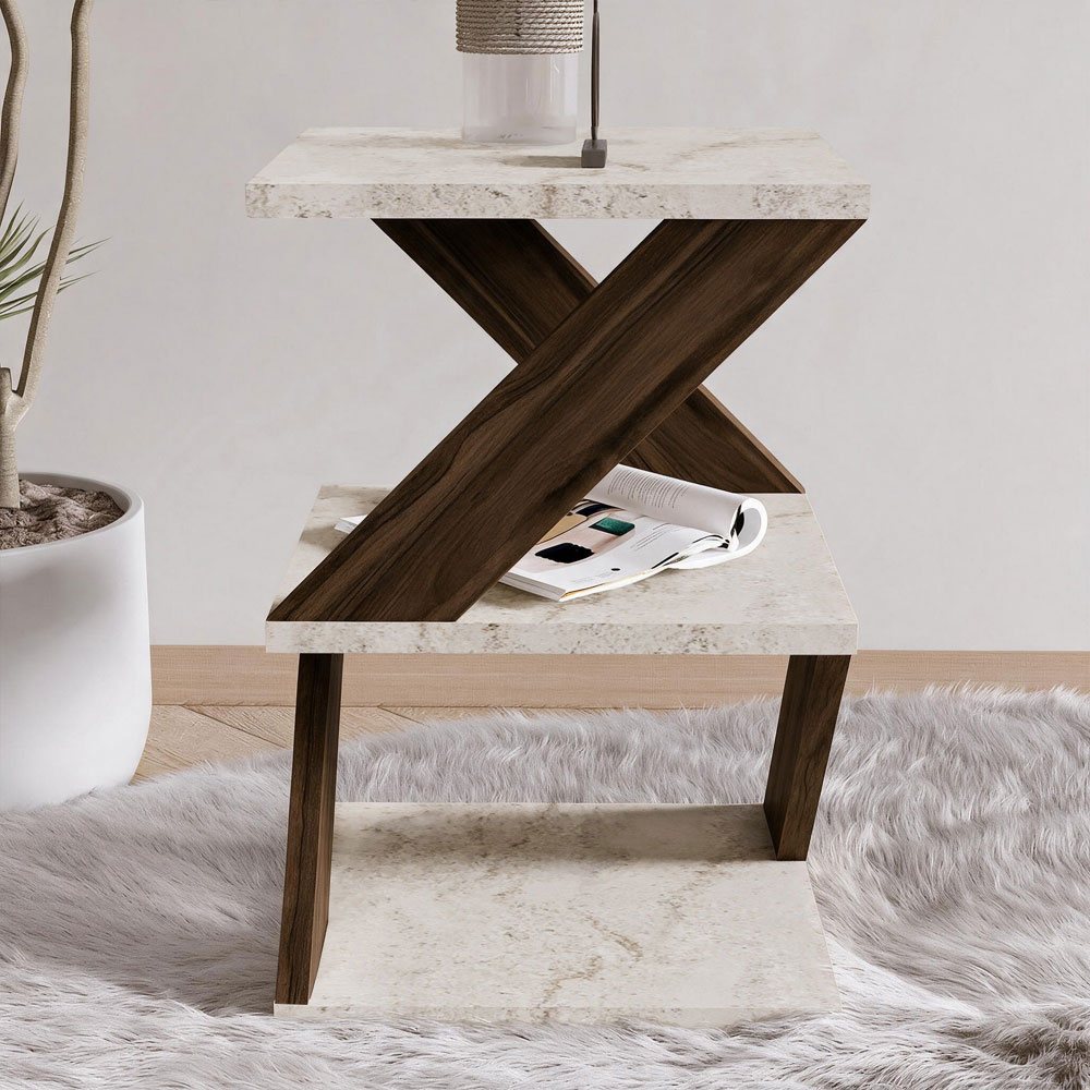 Albeni Wooden Side Table in Travertine Marble Effect and Walnut