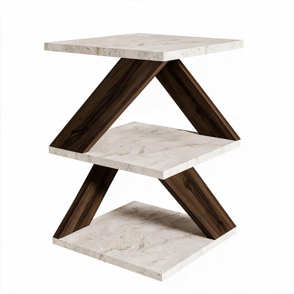 Albeni Wooden Side Table in Travertine Marble Effect and Walnut