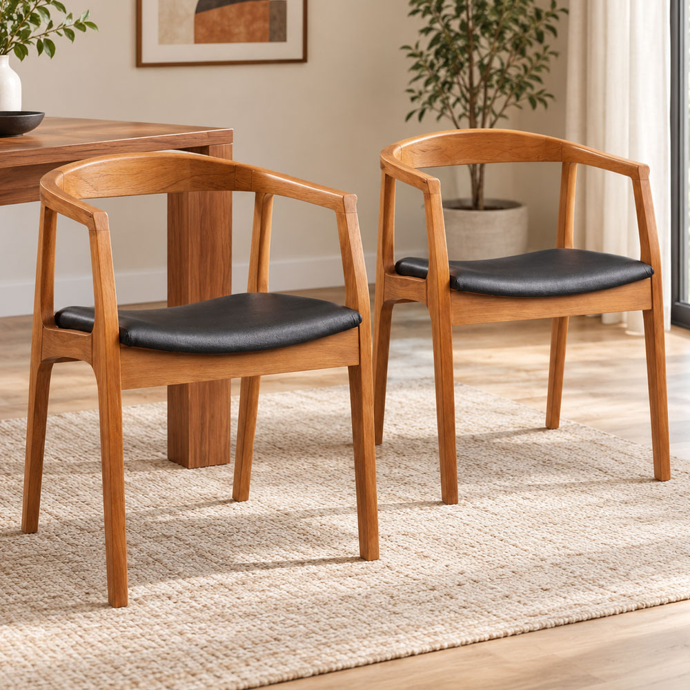 Albero Walnut Beech Wood Dining Chairs with Black Leather Seat in Pair
