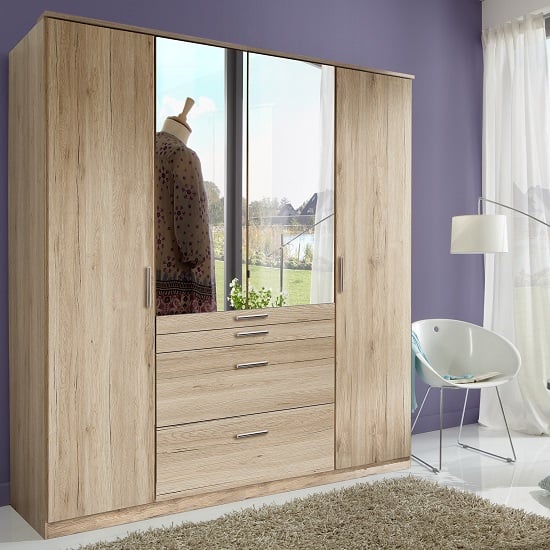 Product photograph of Alberta Mirrored Wardrobe In San Remo Oak Effect With 4 Doors from Furniture in Fashion