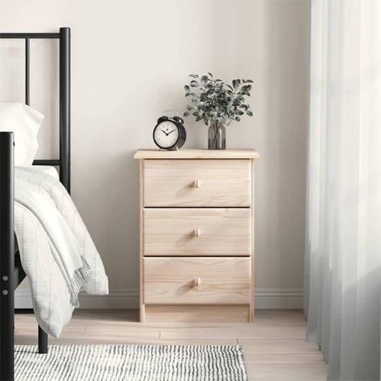 Product photograph of Albi Solid Pinewood Bedside Cabinet With 3 Drawers In Brown from Furniture in Fashion