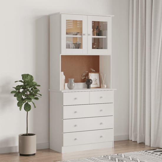 Product photograph of Albi Solid Pinewood Highboard With 2 Doors 5 Drawers In White from Furniture in Fashion