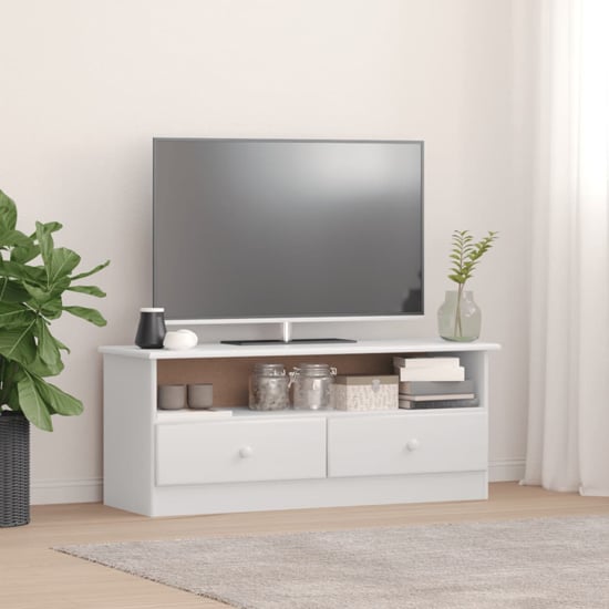 Albi Solid Pinewood TV Stand With 2 Drawers In White