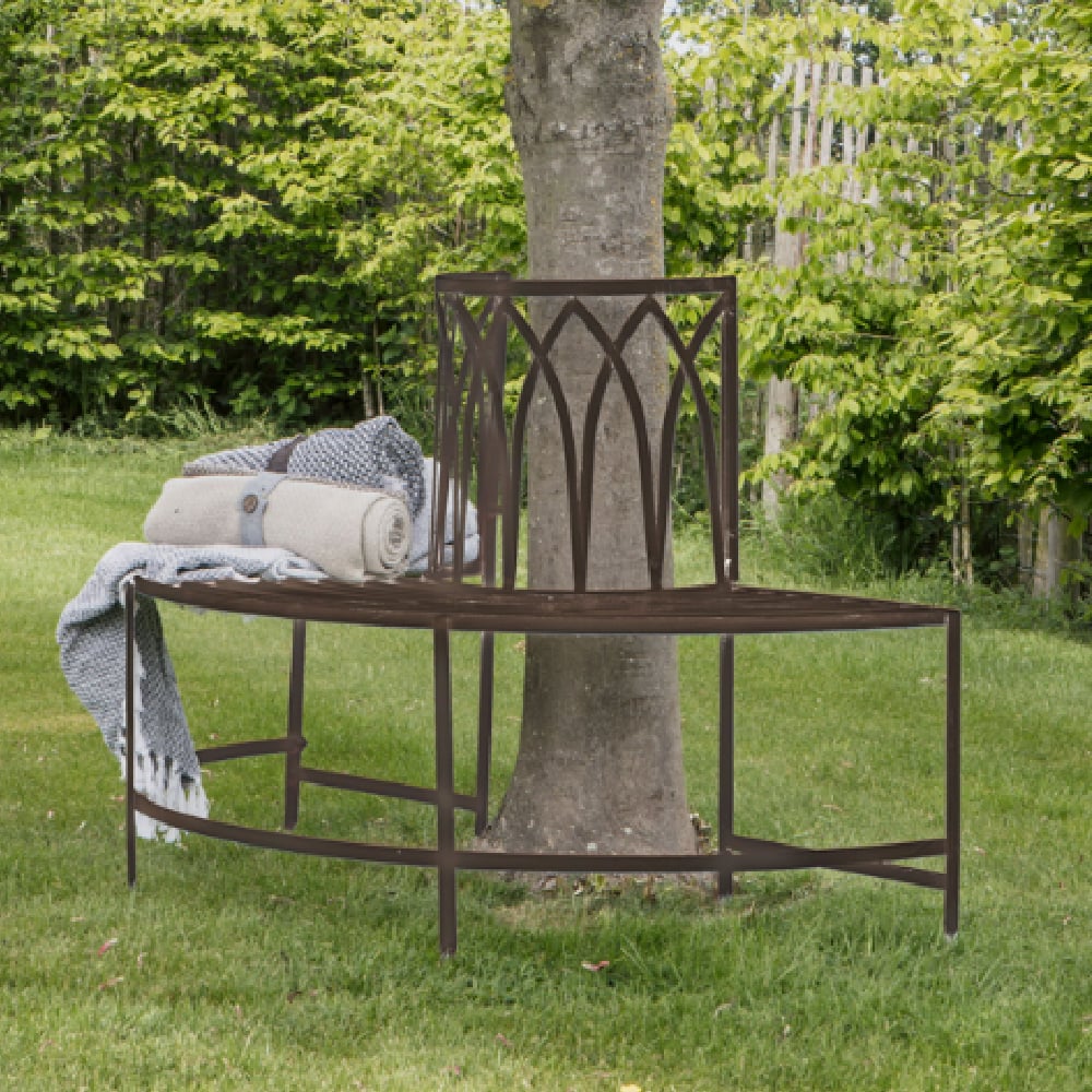 Photo of Albion outdoor metal tree seating bench in distressed brown