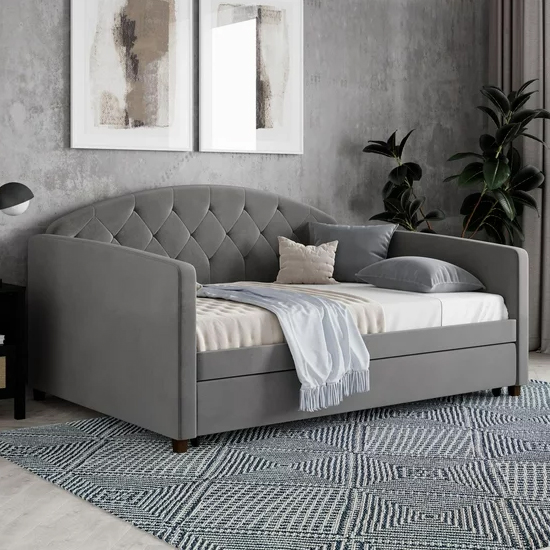 Alcoa Velvet Daybed With Guest Bed In Light Grey