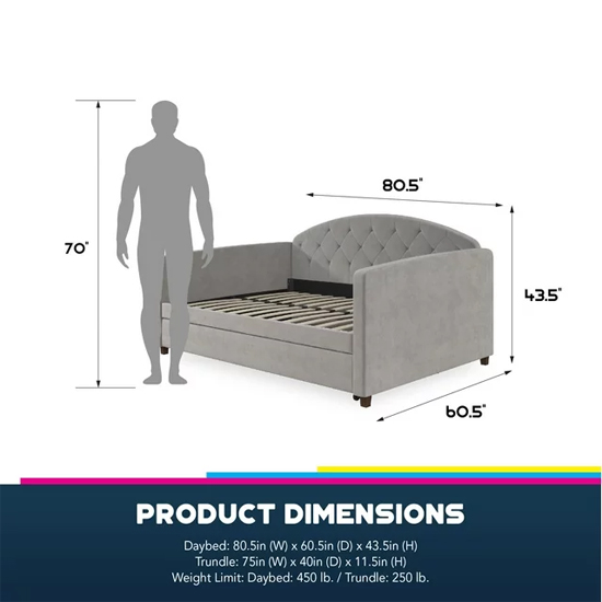 Alcoa Velvet Daybed With Guest Bed In Light Grey