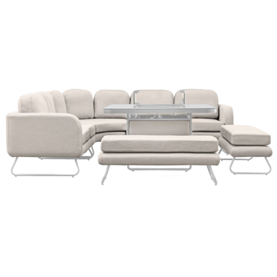 Alcona Square Garden Dining Set With Fire Pit Table In Linen