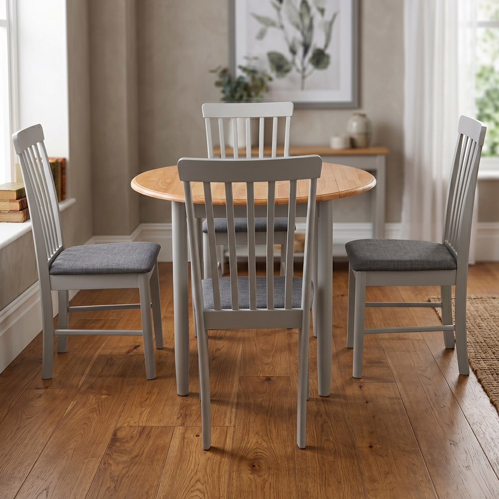 Alcor Round Wooden Drop Leaf Dining Table With 4 Chairs In Oak And Grey