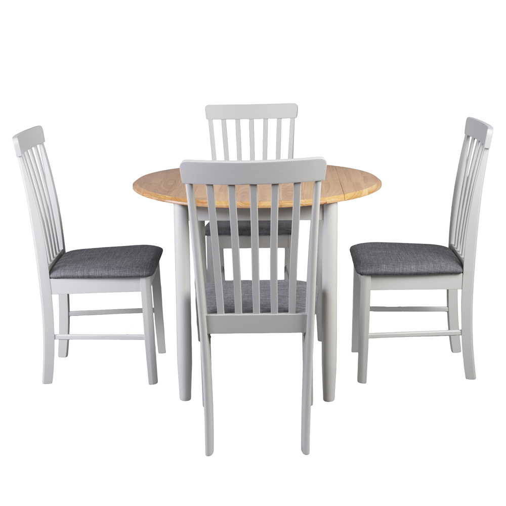 Alcor Round Wooden Drop Leaf Dining Table With 4 Chairs In Oak And Grey