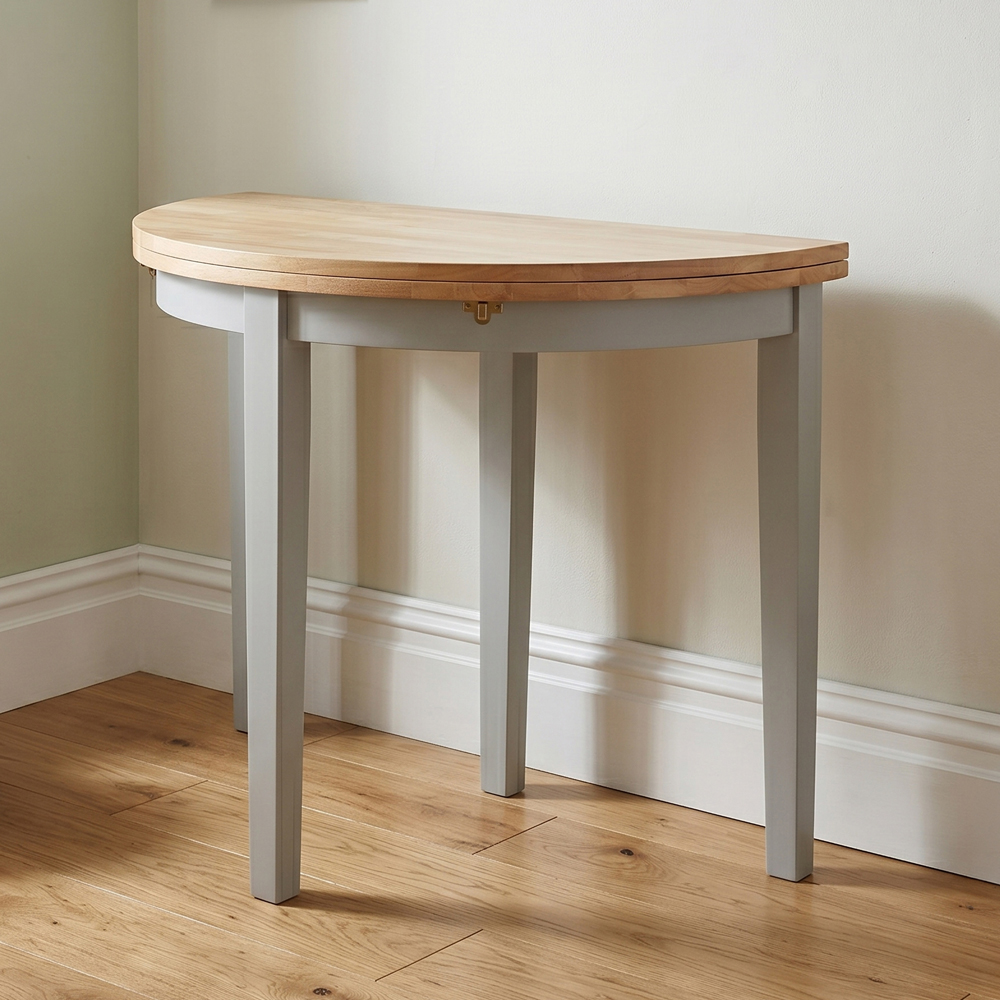 Alcor Wooden Half Moon Console Table In Oak And Grey