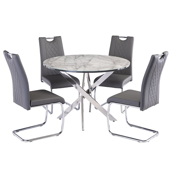 Atden Marble Dining Table In Grey With 4 Gerbit Grey Chairs