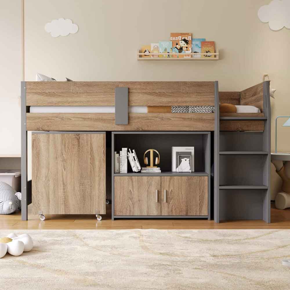 Alden Wooden Mid Sleeper Bunk Bed in Grey and Medium Oak