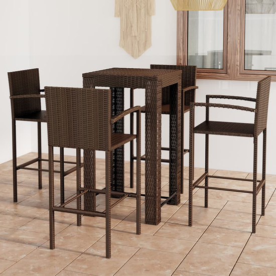 Product photograph of Aldis Outdoor Poly Rattan Bar Table With 4 Stools In Brown from Furniture in Fashion