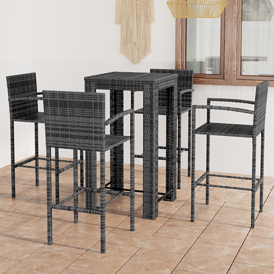 Read more about Aldis outdoor poly rattan bar table with 4 stools in grey