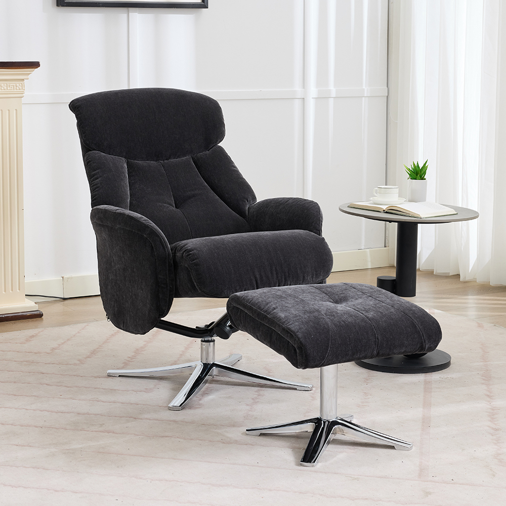 Aldrich Fabric Swivel Recliner Chair with Footstool in Black