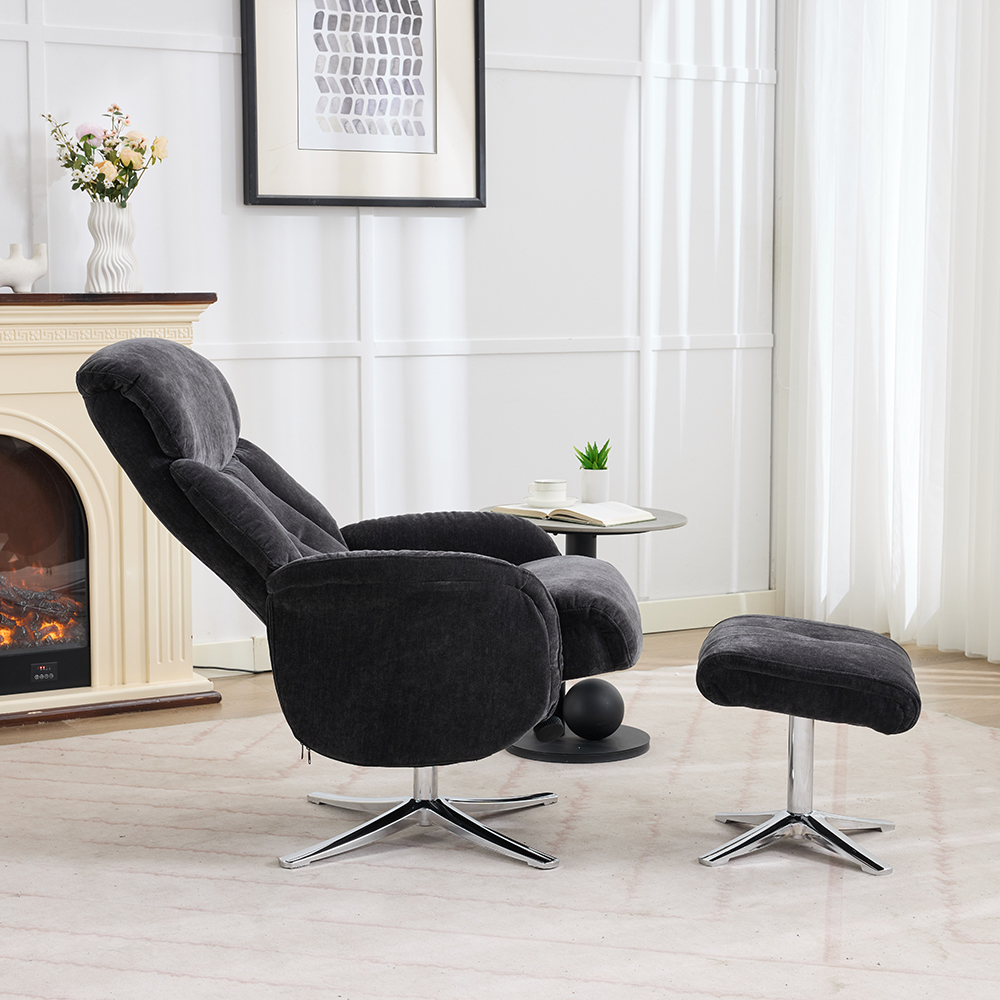 Aldrich Fabric Swivel Recliner Chair with Footstool in Black