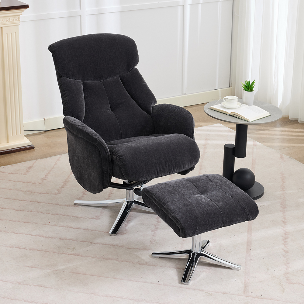 Aldrich Fabric Swivel Recliner Chair with Footstool in Black