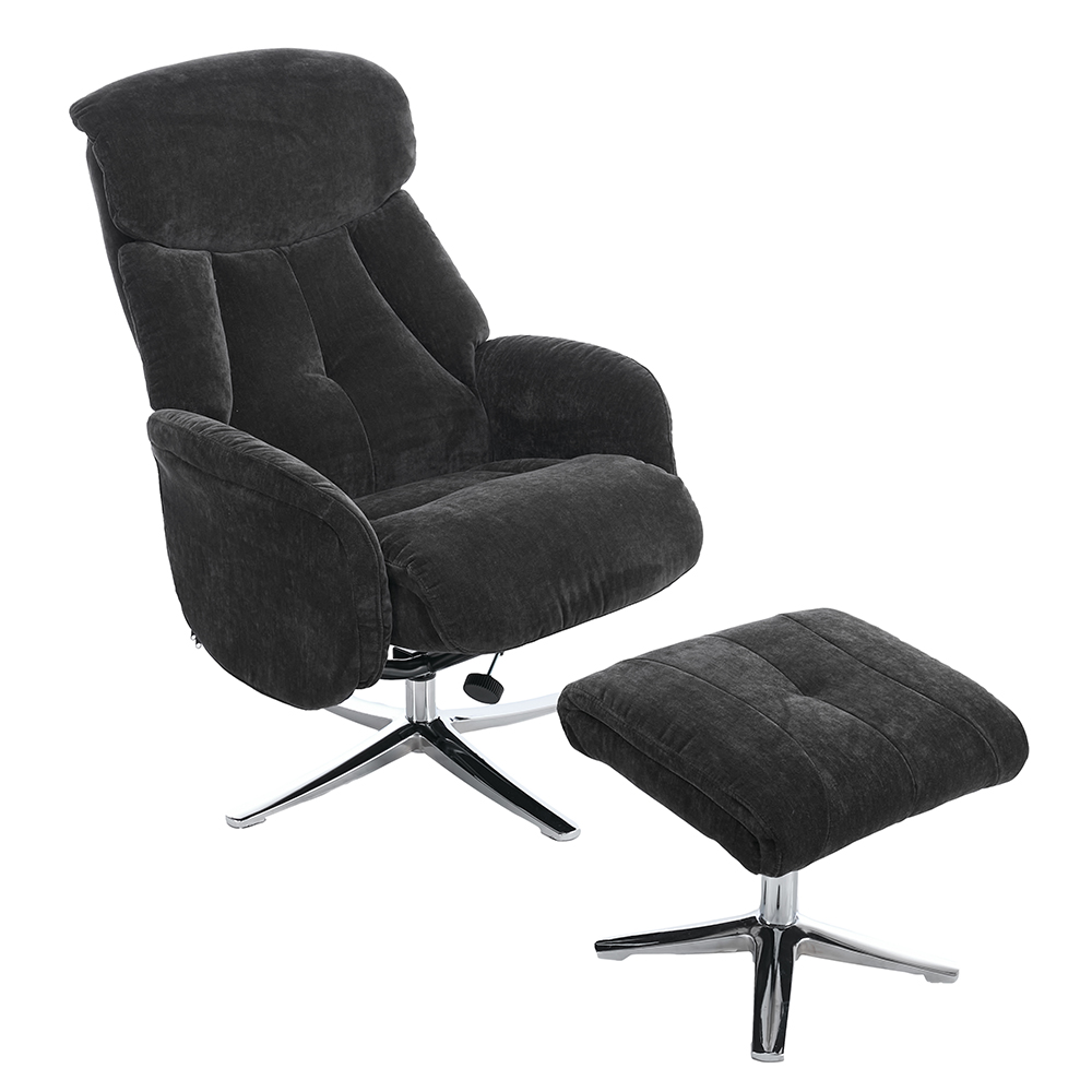 Aldrich Fabric Swivel Recliner Chair with Footstool in Black