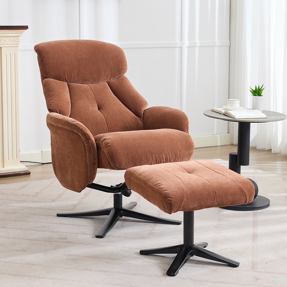 Aldrich Fabric Swivel Recliner Chair with Footstool in Caramel