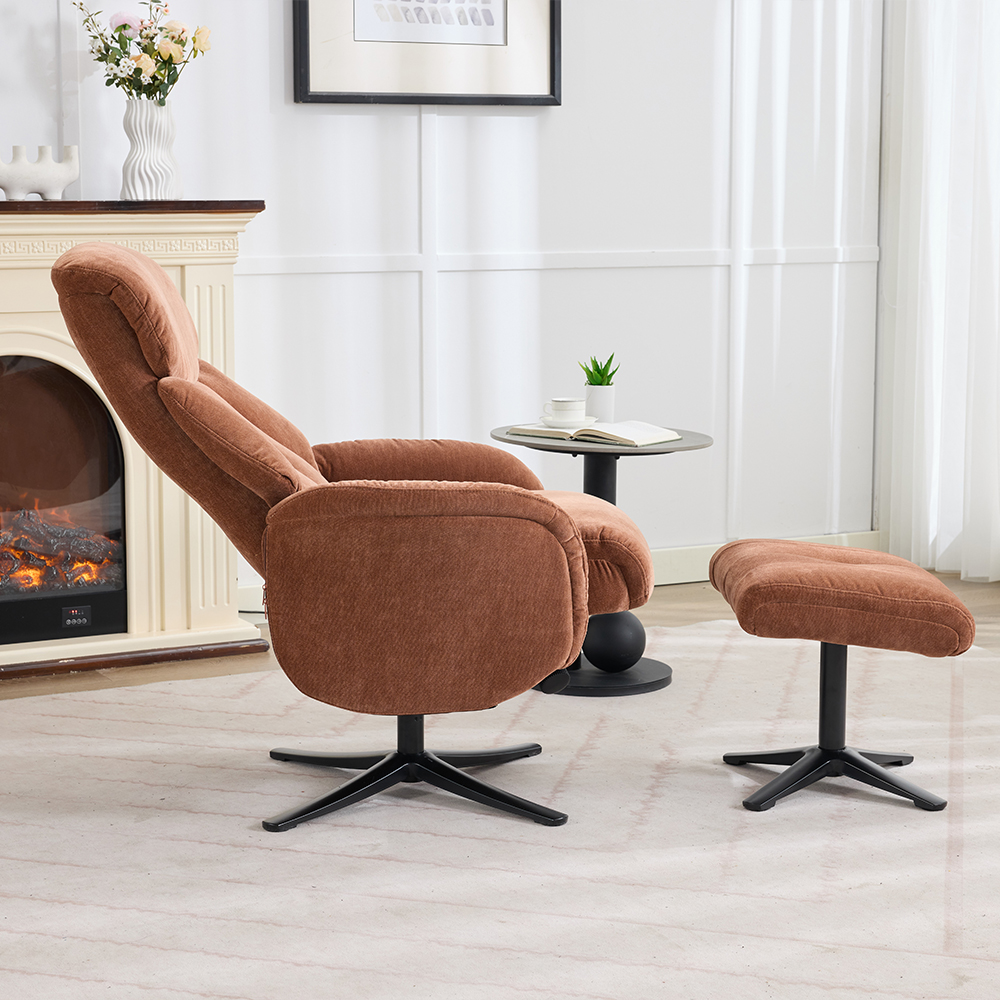 Aldrich Fabric Swivel Recliner Chair with Footstool in Caramel
