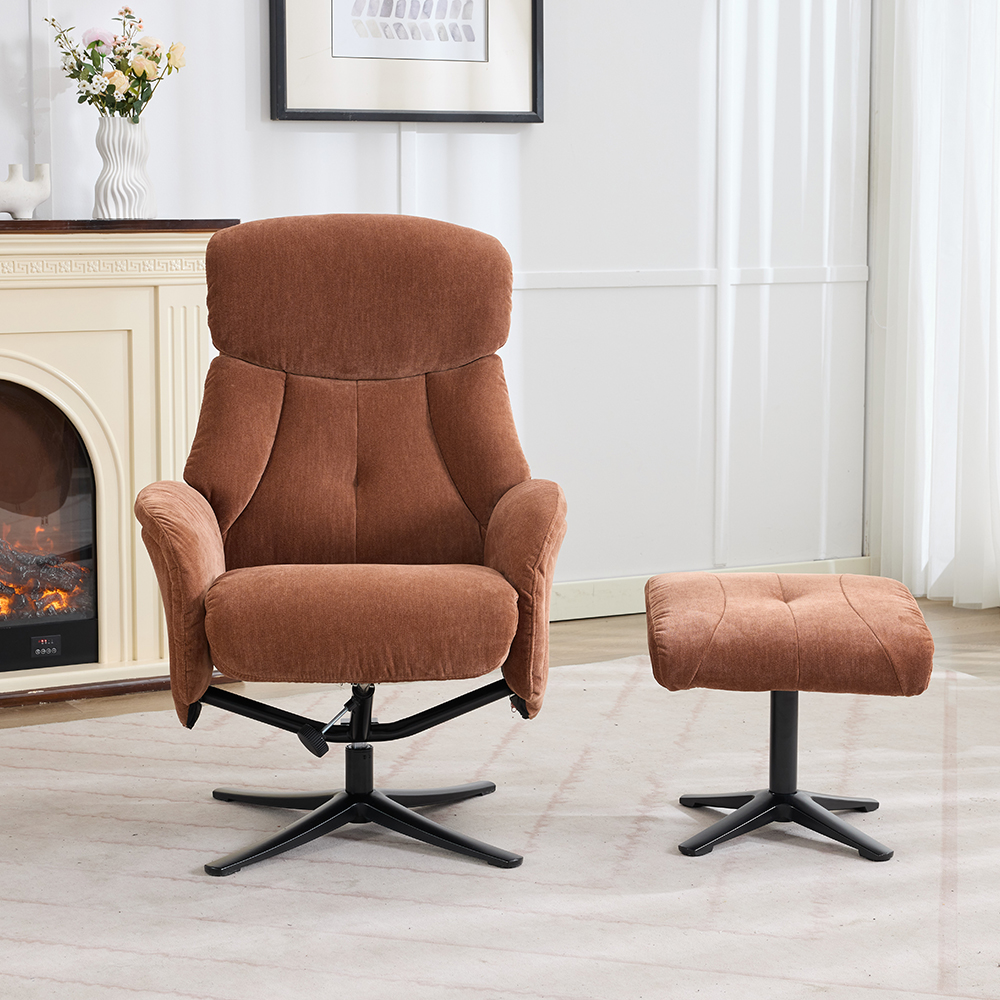 Aldrich Fabric Swivel Recliner Chair with Footstool in Caramel