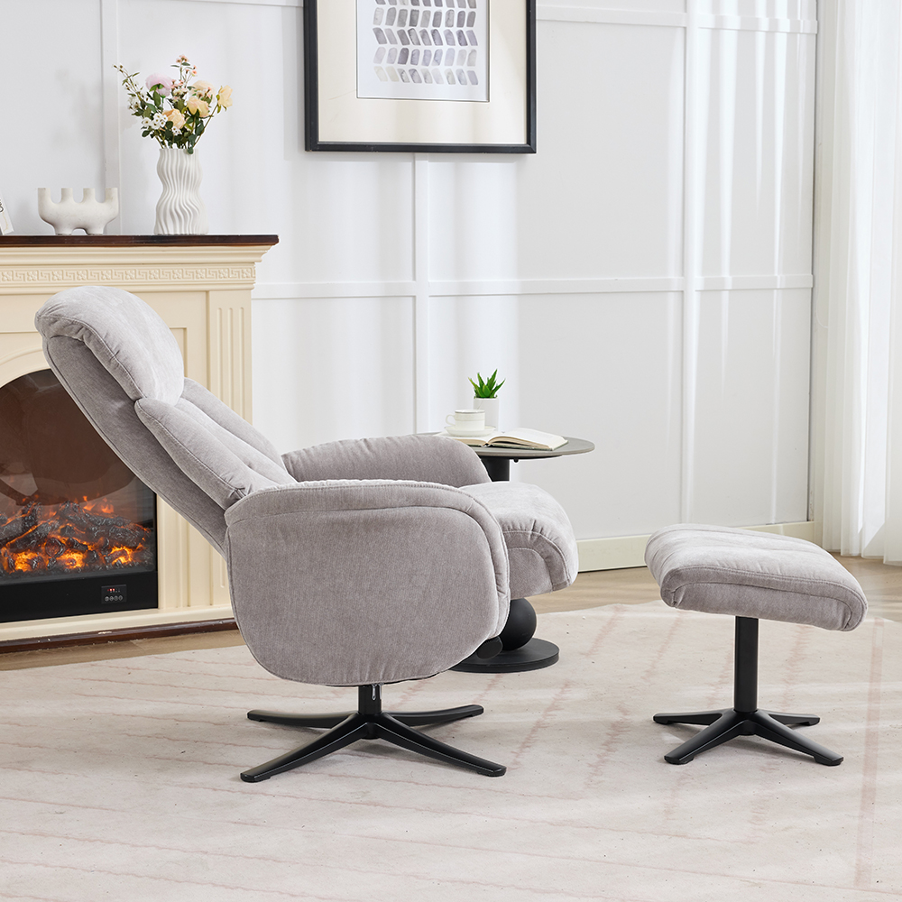 Aldrich Fabric Swivel Recliner Chair with Footstool in Grey Mist