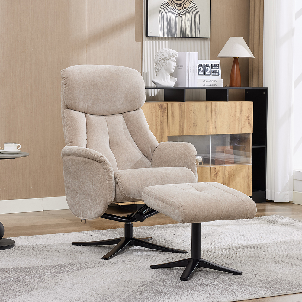 Aldrich Fabric Swivel Recliner Chair with Footstool in Mushroom