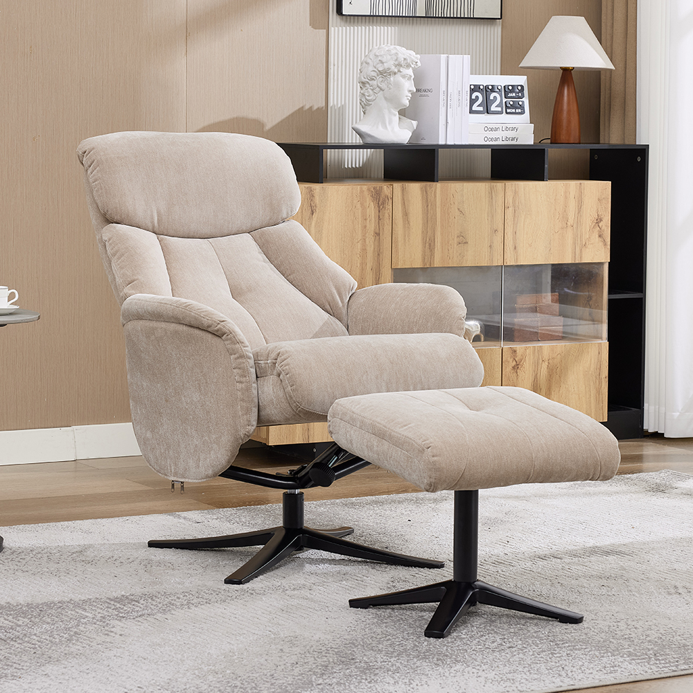 Aldrich Fabric Swivel Recliner Chair with Footstool in Mushroom