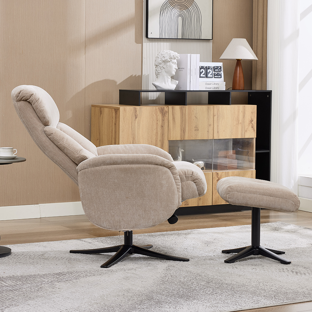 Aldrich Fabric Swivel Recliner Chair with Footstool in Mushroom