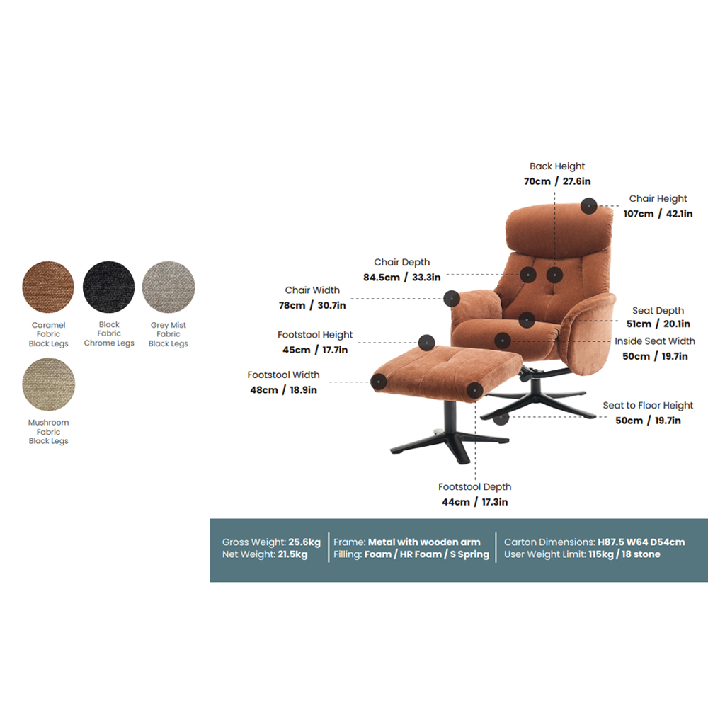 Aldrich Fabric Swivel Recliner Chair with Footstool in Mushroom