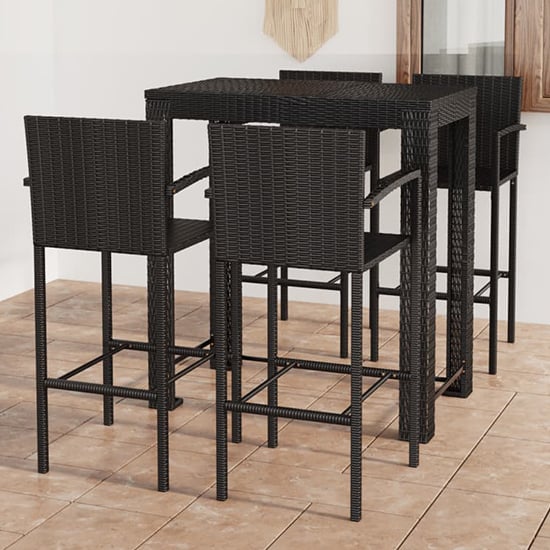 Product photograph of Aleka Outdoor Poly Rattan Bar Table With 4 Stools In Black from Furniture in Fashion