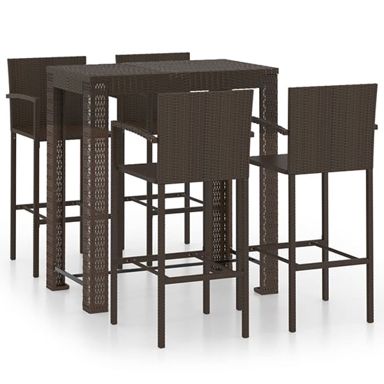 Aleka Outdoor Poly Rattan Bar Table With 4 Stools In Brown_2