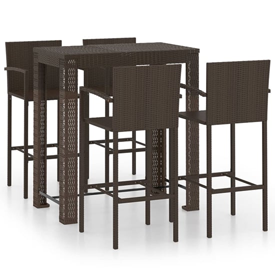 Aleka Outdoor Poly Rattan Bar Table With 4 Stools In Brown Furniture