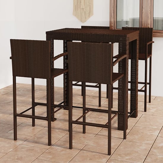 Product photograph of Aleka Outdoor Poly Rattan Bar Table With 4 Stools In Brown from Furniture in Fashion