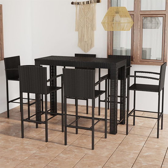 Aleka Outdoor Poly Rattan Bar Table With 6 Stools In Black