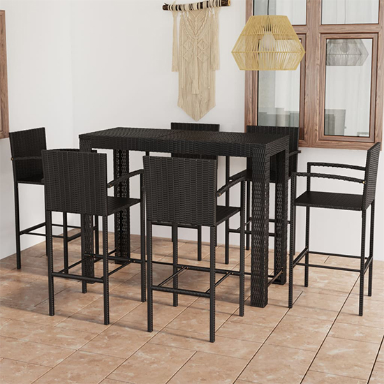 Product photograph of Aleka Outdoor Poly Rattan Bar Table With 6 Stools In Black from Furniture in Fashion