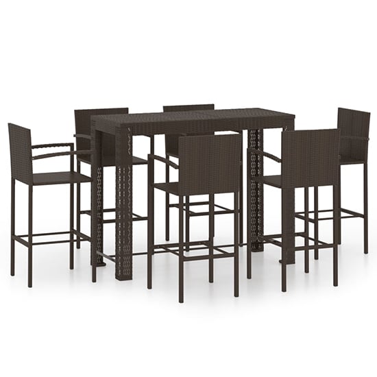 Aleka Outdoor Poly Rattan Bar Table With 6 Stools In Brown_2