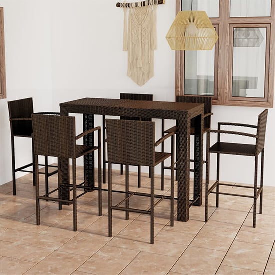 Aleka Outdoor Poly Rattan Bar Table With 6 Stools In Brown Furniture