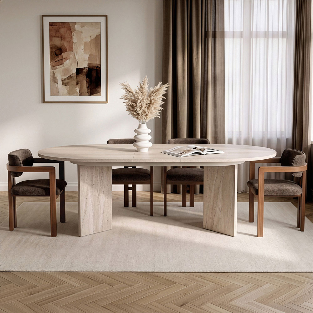 Aleria Travertine Marble Effect Wooden Extending Dining Table with 4 Chairs in Walnut and Brown