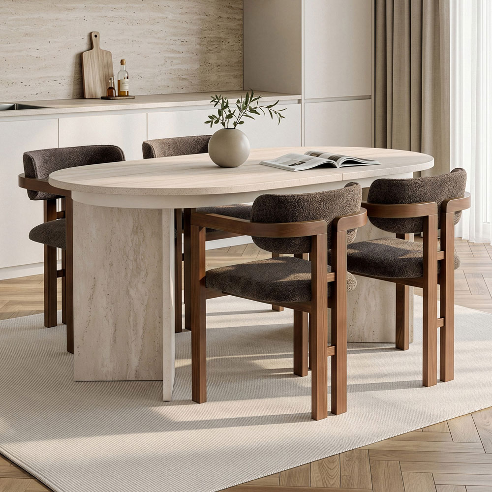 Aleria Travertine Marble Effect Wooden Extending Dining Table with 4 Chairs in Walnut and Brown