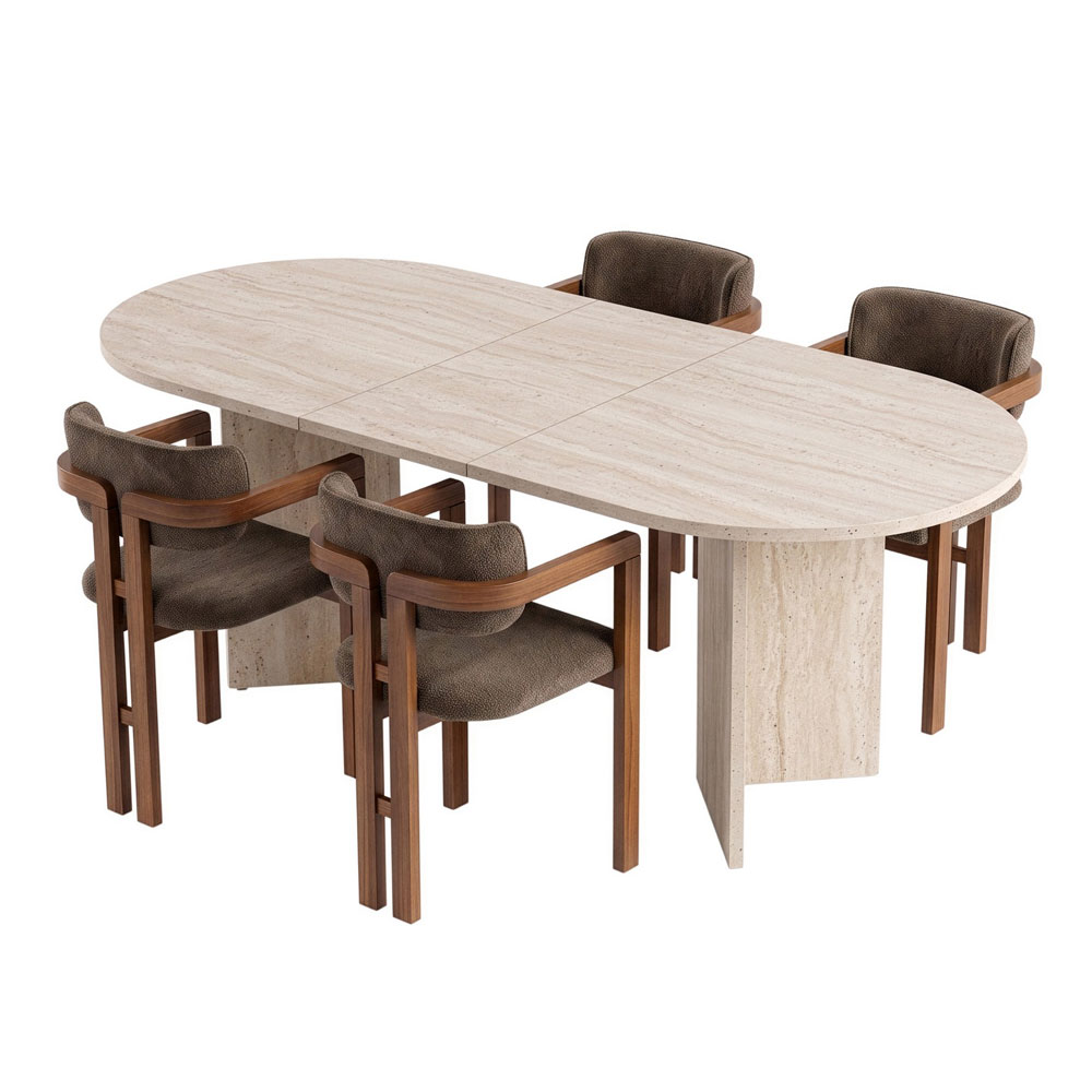 Aleria Travertine Marble Effect Wooden Extending Dining Table with 4 Chairs in Walnut and Brown