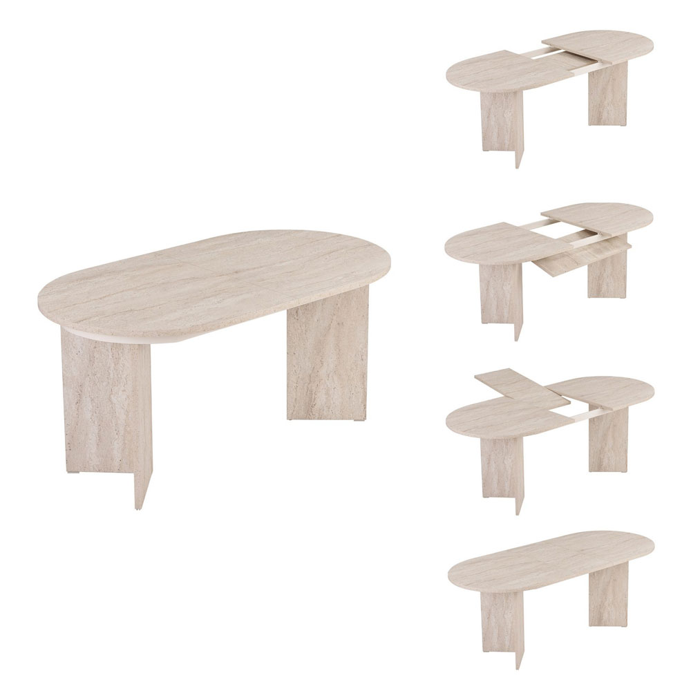 Aleria Travertine Marble Effect Wooden Extending Dining Table with 4 Chairs in Walnut and Brown