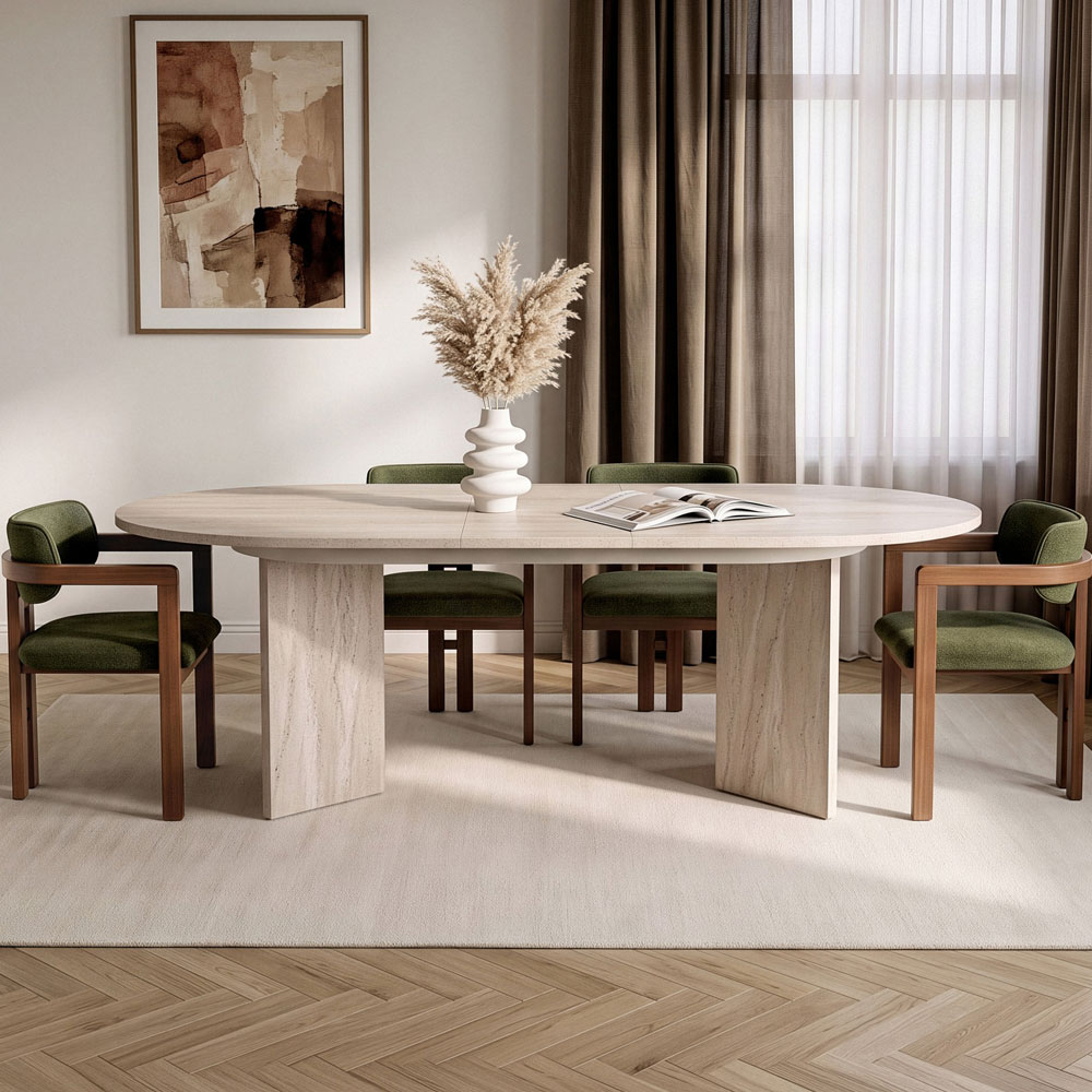 Aleria Travertine Marble Effect Wooden Extending Dining Table with 4 Chairs in Walnut and Green