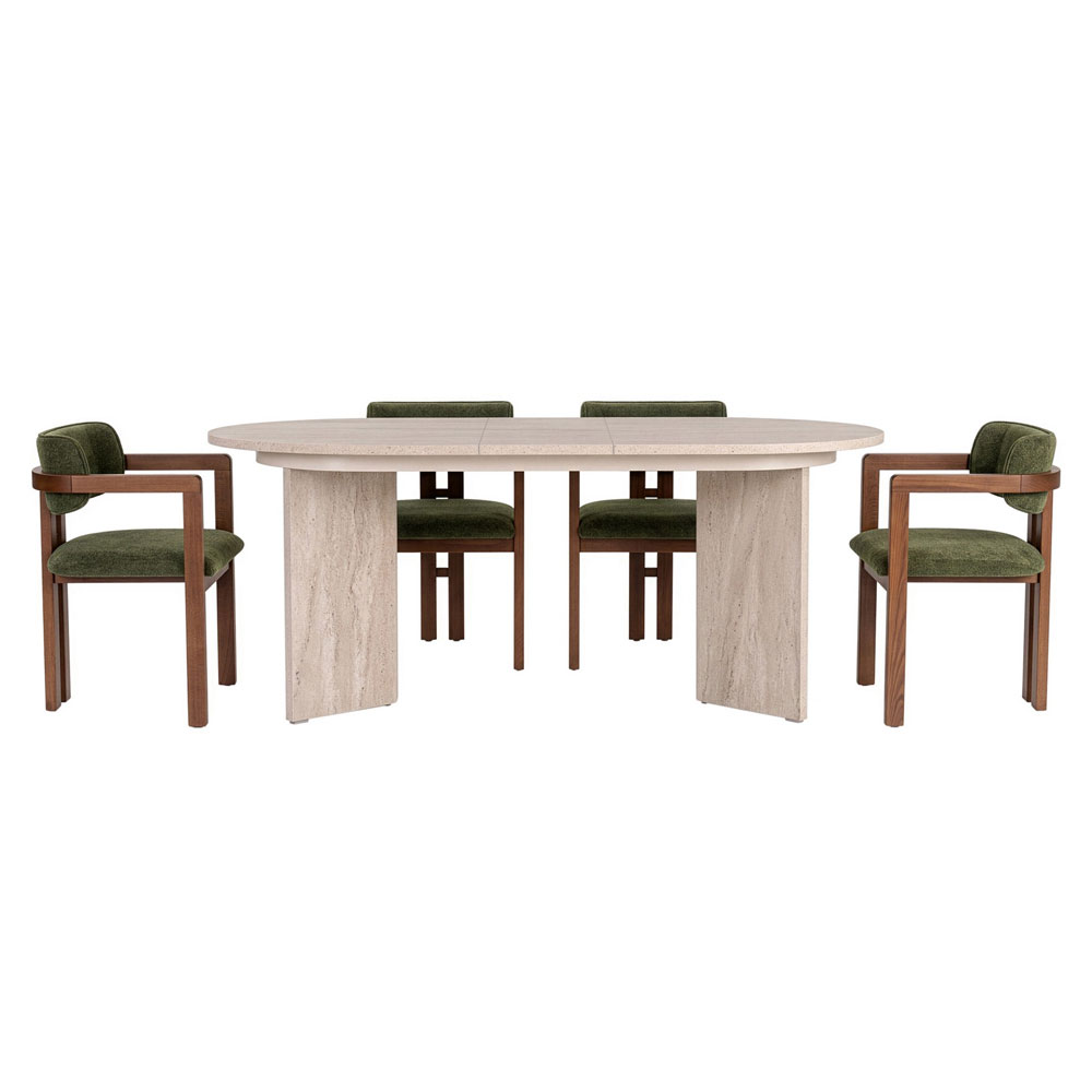 Aleria Travertine Marble Effect Wooden Extending Dining Table with 4 Chairs in Walnut and Green