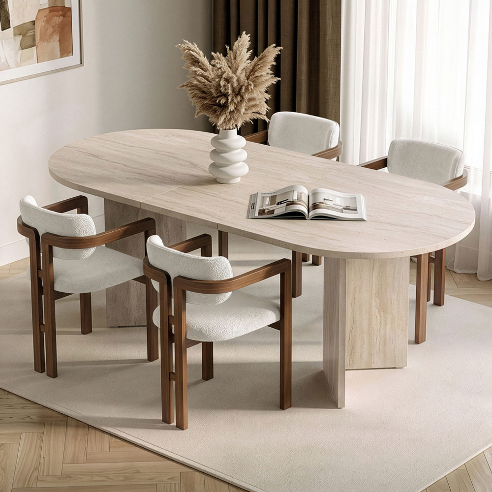 Aleria Travertine Marble Effect Wooden Extending Dining Table with 4 Chairs in Walnut and White