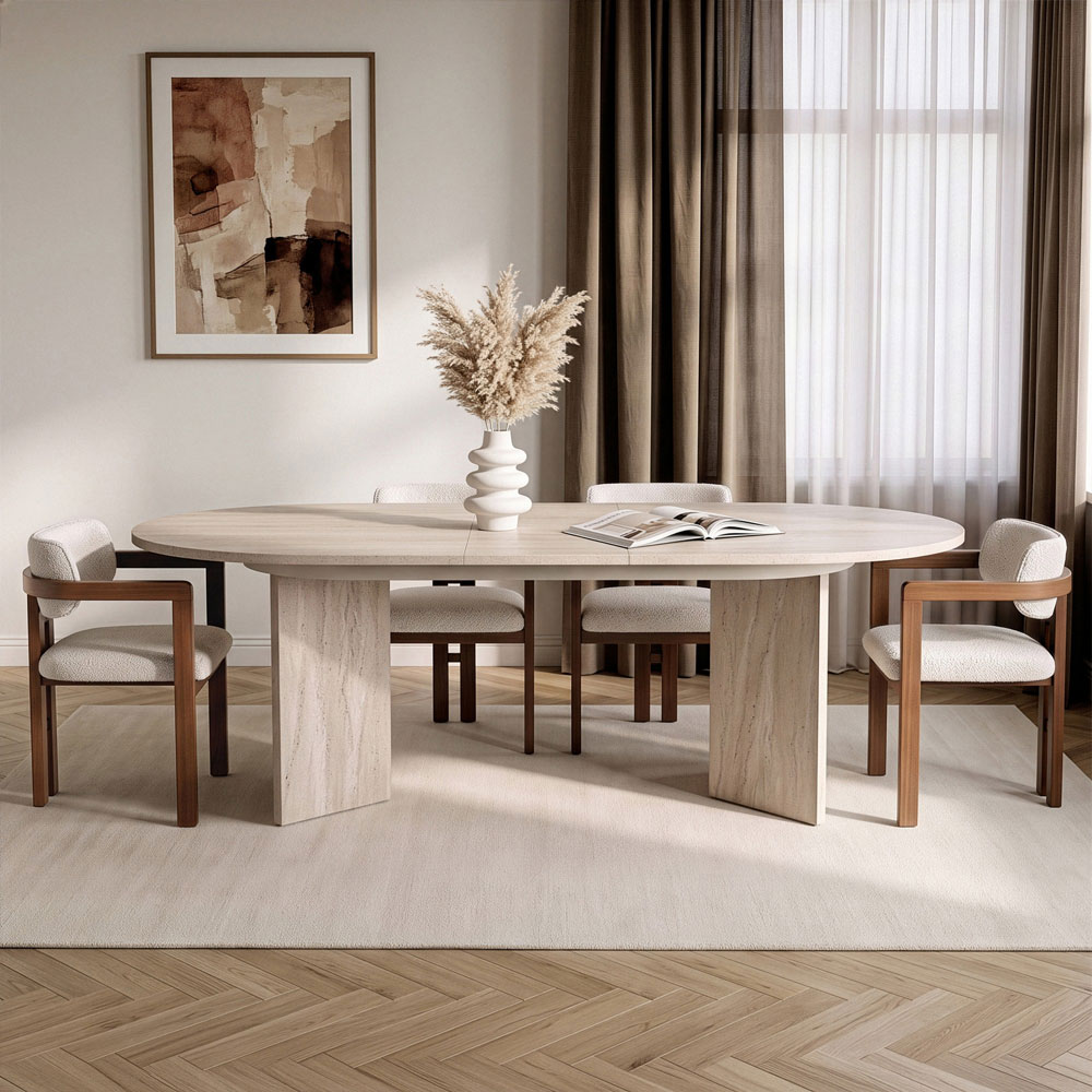 Aleria Travertine Marble Effect Wooden Extending Dining Table with 4 Chairs in Walnut and White