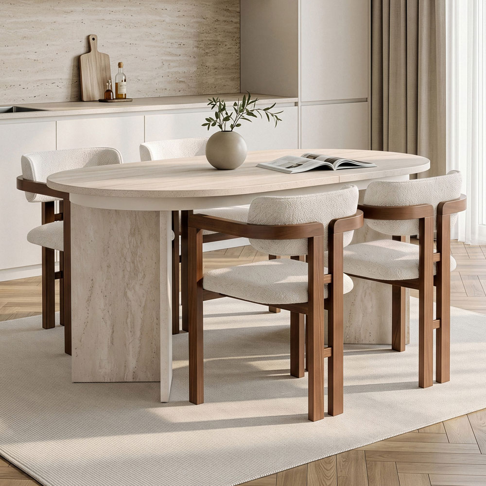 Aleria Travertine Marble Effect Wooden Extending Dining Table with 4 Chairs in Walnut and White