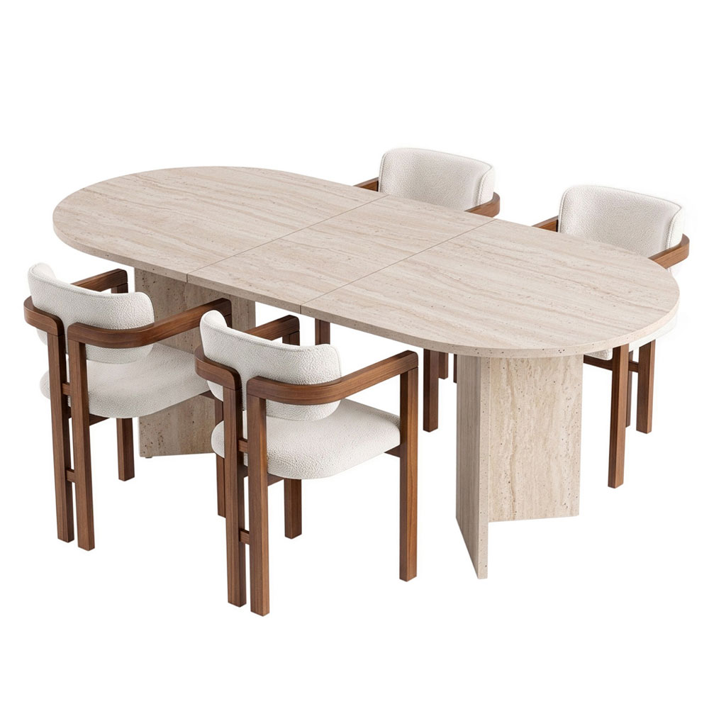Aleria Travertine Marble Effect Wooden Extending Dining Table with 4 Chairs in Walnut and White