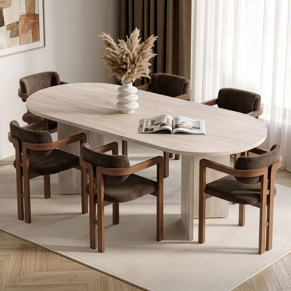Aleria Travertine Marble Effect Wooden Extending Dining Table with 6 Chairs in Walnut and Brown