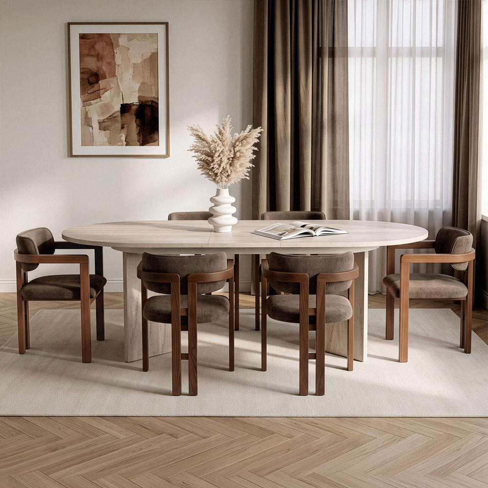 Aleria Travertine Marble Effect Wooden Extending Dining Table with 6 Chairs in Walnut and Brown